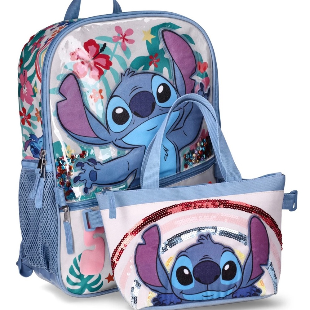 New Disney Lilo & Stitch Kids Smile Backpack Sequin Two Piece with Lunch Bag 17”